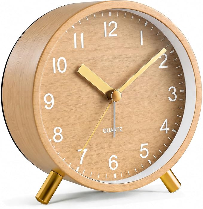 Analog Alarm Clock, Silent Non-Ticking with Night Light, Battery Operated, Fashionable Round Metal Alarm Clock for Office, Bedroom, Elderly, Adults, Women, Men Gifts Wood-Like Color