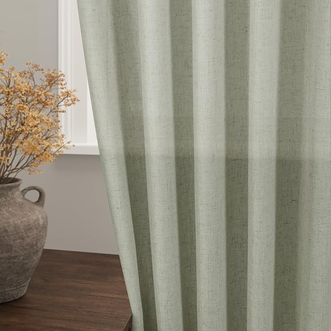 Extra Long Sage Green Curtain 2 Panels 108 inches Long for Living Room Back Tab Pocket Light Filtering Semi Sheer Drapes Cotton Linen Textured Pale Green Window Curtain 108 inch Length 9 FT Tall