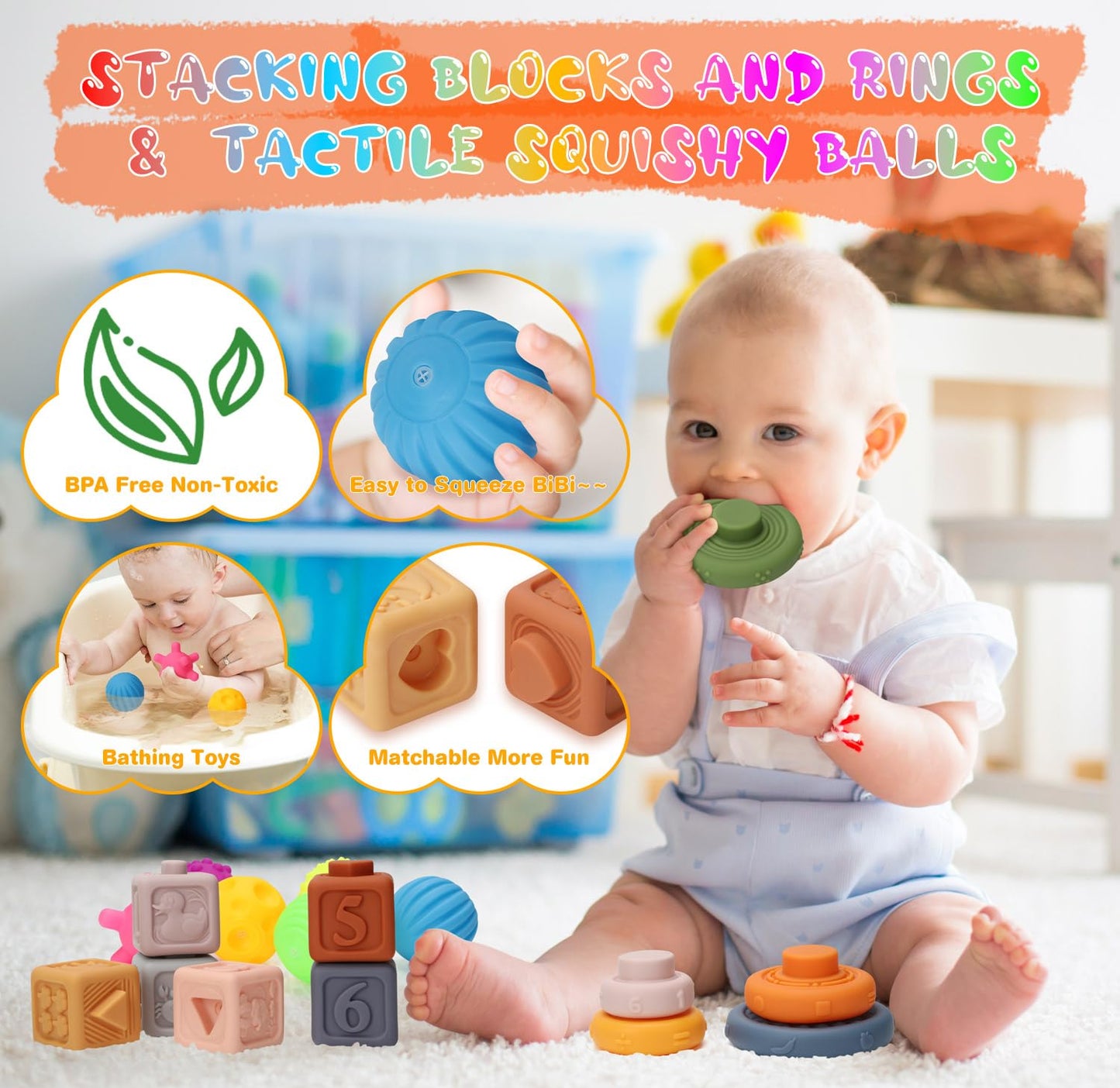 Baby Toys 6 to12 Months, 7 in-1 Montessori Toy for 6-9-12-18 Month Old with Pull String Toy, Sensory Bin Toys, Stacking Baby Blocks & Soft Infant Ring & Sensory Ball, Stacking Cups for Toddler 1-3Gift
