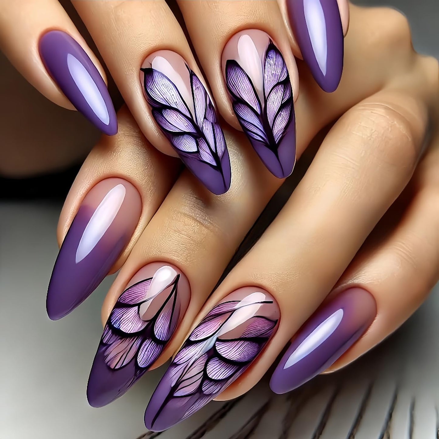 Dark Purple Gradient Press on Nails Medium Almond Shaped Purple Feather Pattern Design Full Cover Glossy Acrylic False Nail Almond Tip Artificial Fingernails Reusable Press Ons Glue on Nails for Women