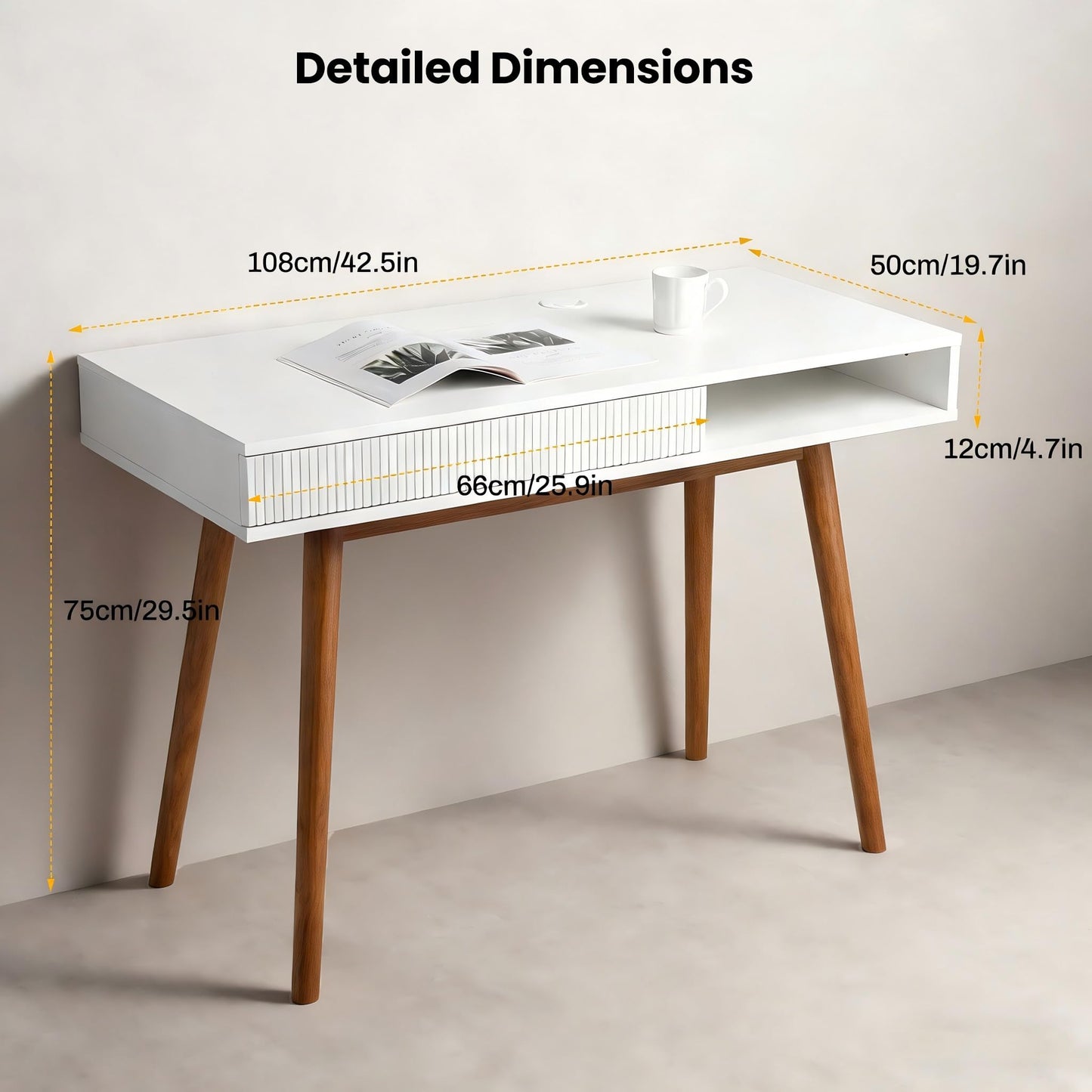 Artswish White Writing Desk with Drawers Mid Century Modern Desk, Wood Office Computer Desks for Small Space, White Desks with Walnut Legs