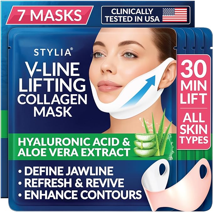 Stylia V Line Lifting Collagen Mask - Lift, Firm & Contour Jawline - Tightening Double Chin Strap with Hyaluronic Acid & Aloe - Neck Lift & Face Tightening Mask - Jawline Shaper Face Lift Tape (7PC)