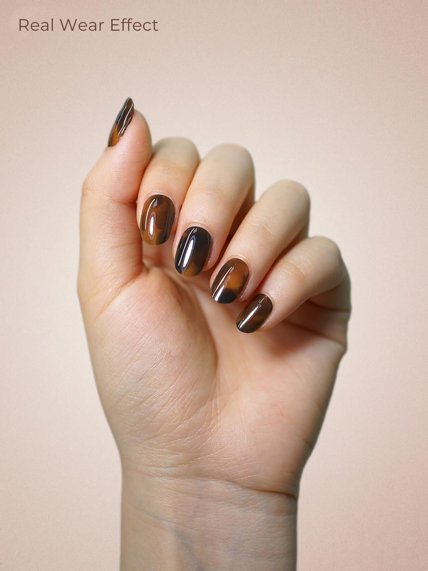 Beaolata Real Gel Nail Strips (No UV Light Needed) - 44Pcs Salon Quality Nail Stickers - Long Lasting Polish Wraps for Women, Easy Apply & Remove (Honey Amber Brown)
