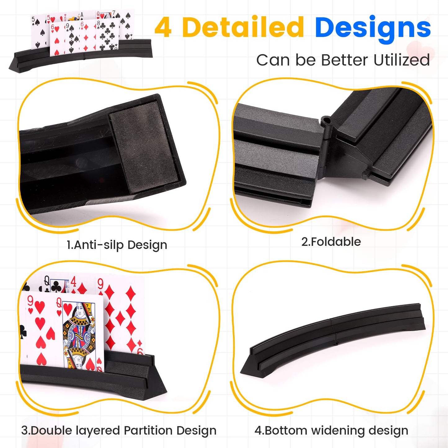 GHERPTE Stackable Card Holder, Double Layered Playing Card Holder Organizer Tray, 4 Pack Storage Case for Seniors, Adults, Arthritis Patients and Kids (Black)