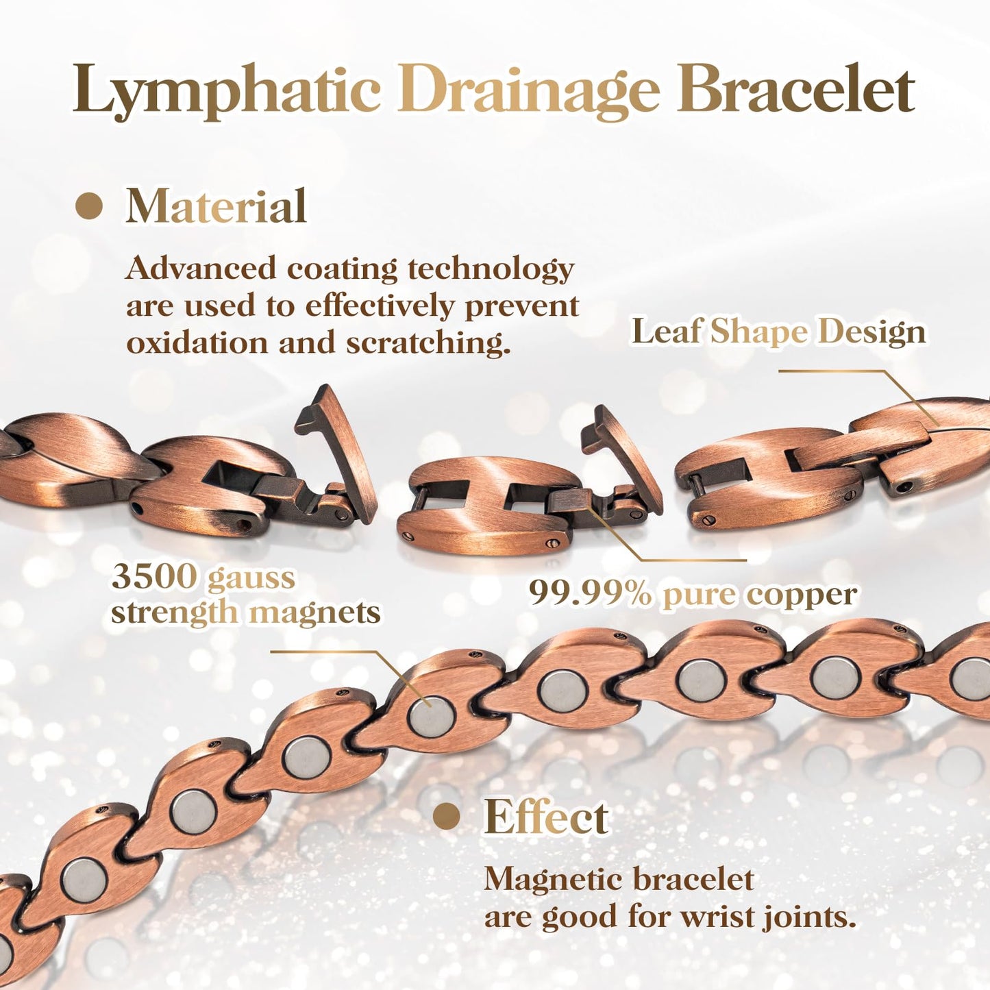 Copper Bracelets for Women Lymph Detox Magnetic Bracelets, 100% Solid Pure Copper Bracelet with 3500 Gauss Magnets & Lymphatic Drainage Ring with Adjustment Tool