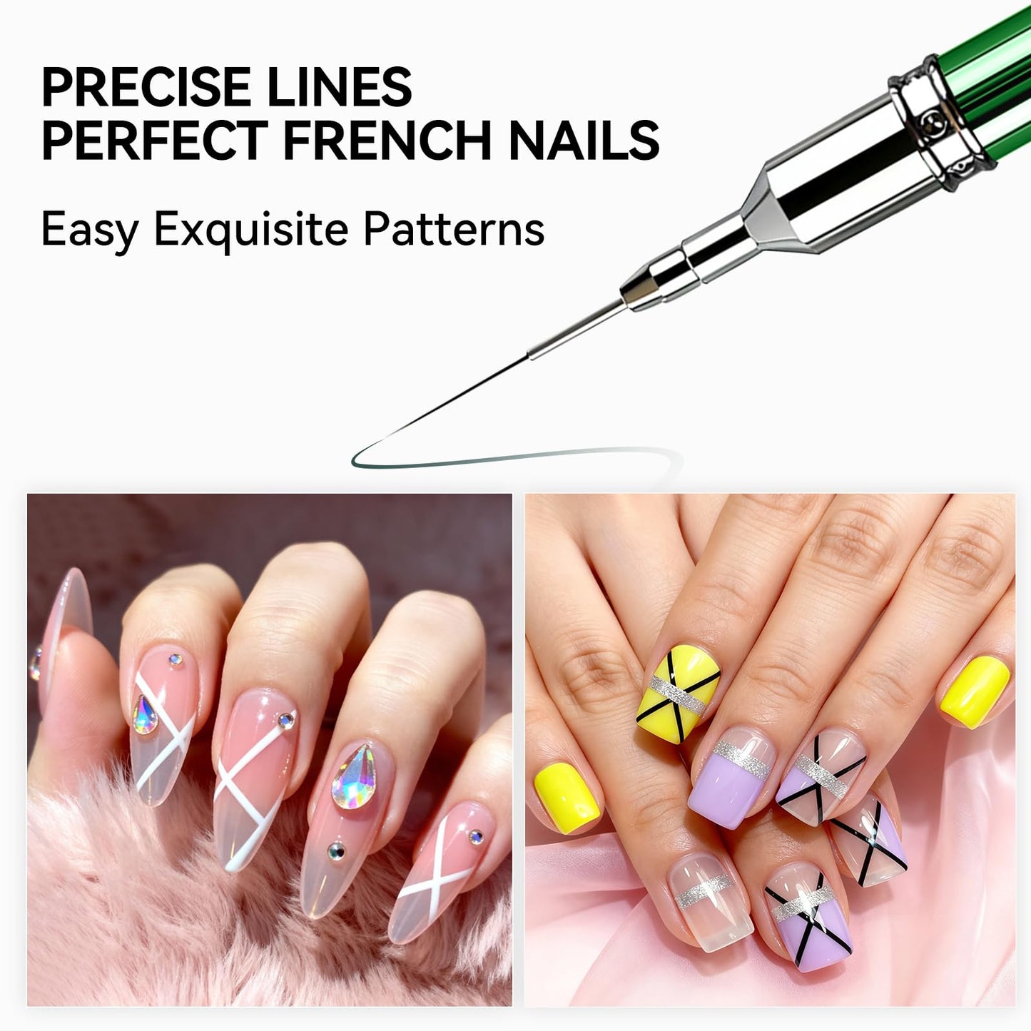 Nail Art Brushes Set 2-Piece: French Tip Brush and 12mm Liner Brush for Gel Clean Up, Smile Lines & Nail Design (Green)