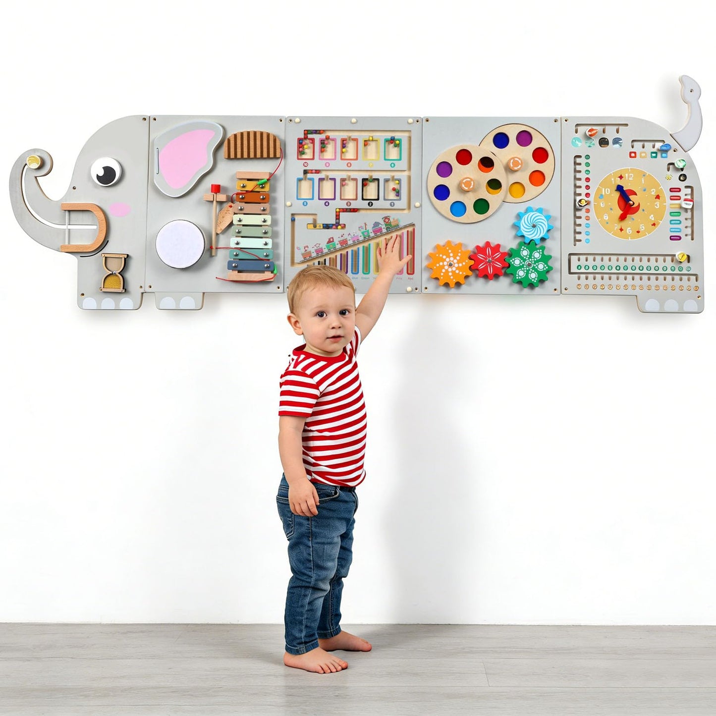 5FT Large Elephant Activity Wall Busy Board Wooden Sensory Wall Panel Educational Montessori Toys for Toddler Kids Interactive Sensory Activity Board Learning Center Playroom Daycare Nursery Decor