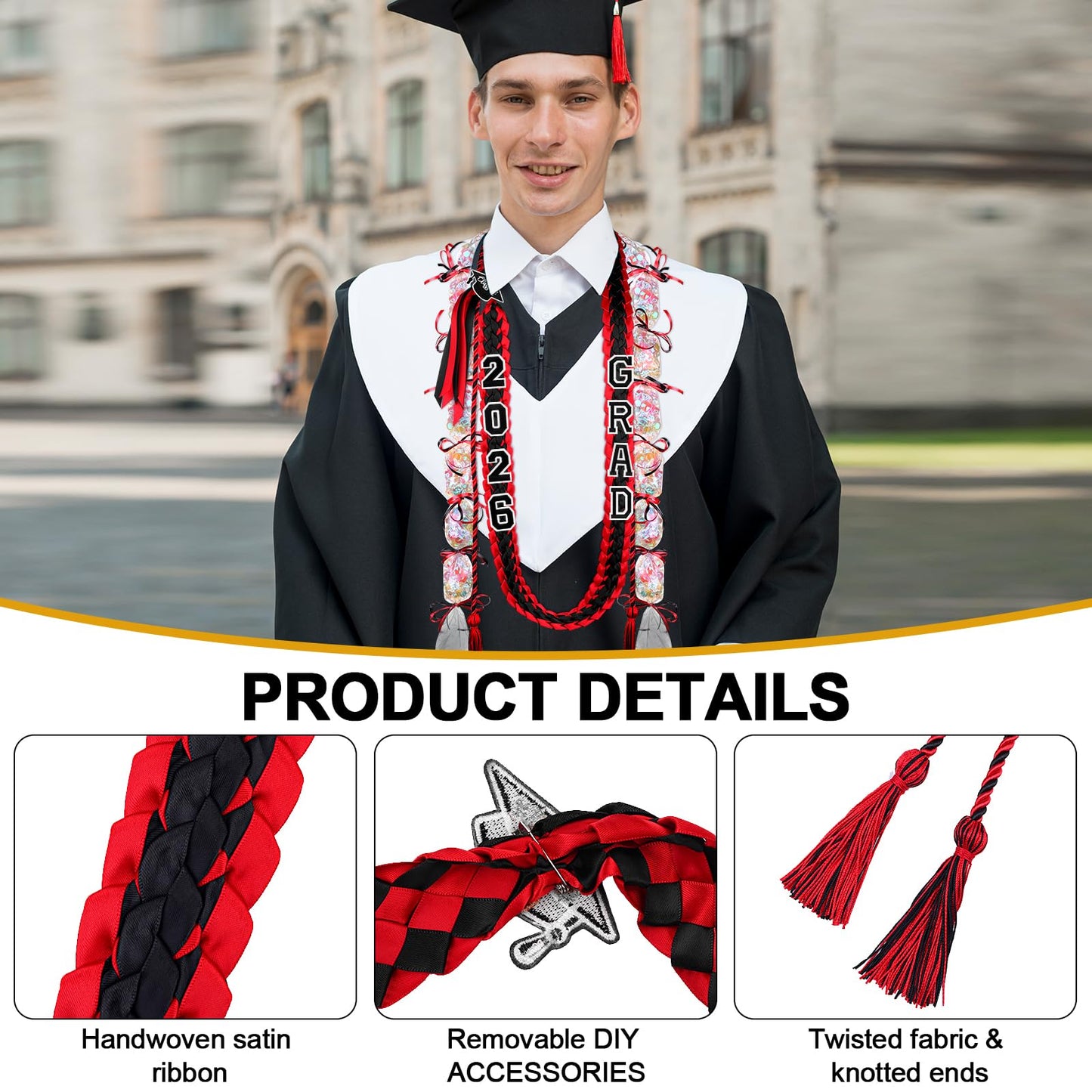 Eshylala Graduation Ribbon Lei Class of 2026 Graduation Leis Kit Grad Handmade Double Braided Necklace Honor Cord with Tassel and Number Patch Set for Graduation Party School Gift (Red)