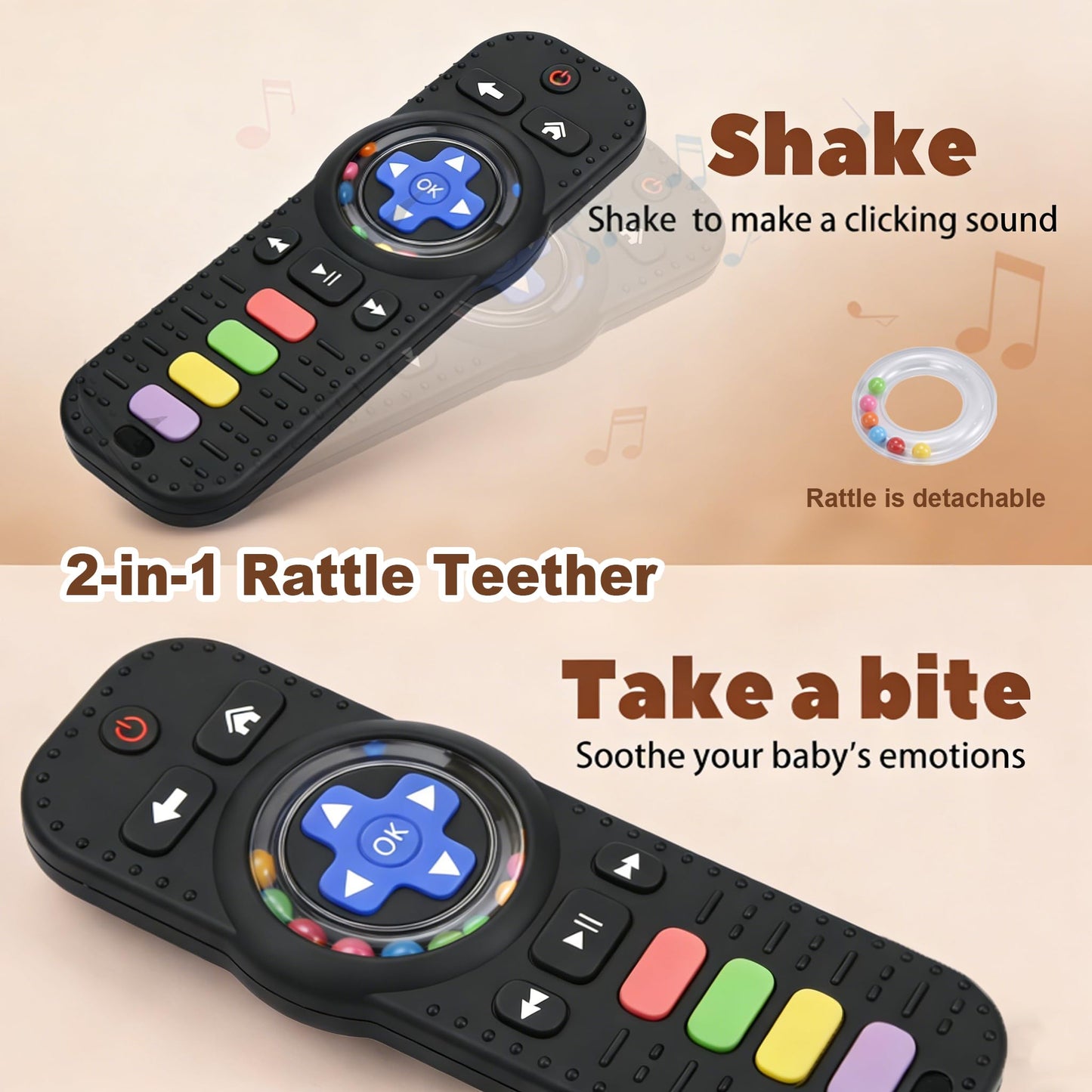 2Pack Teething Toys for Baby 3-6 Months, Teethers for Babies 6-12 Months, Remote Rattle Ring Teether for Baby, Sensory Toys for Babies, Baby Chew Toy