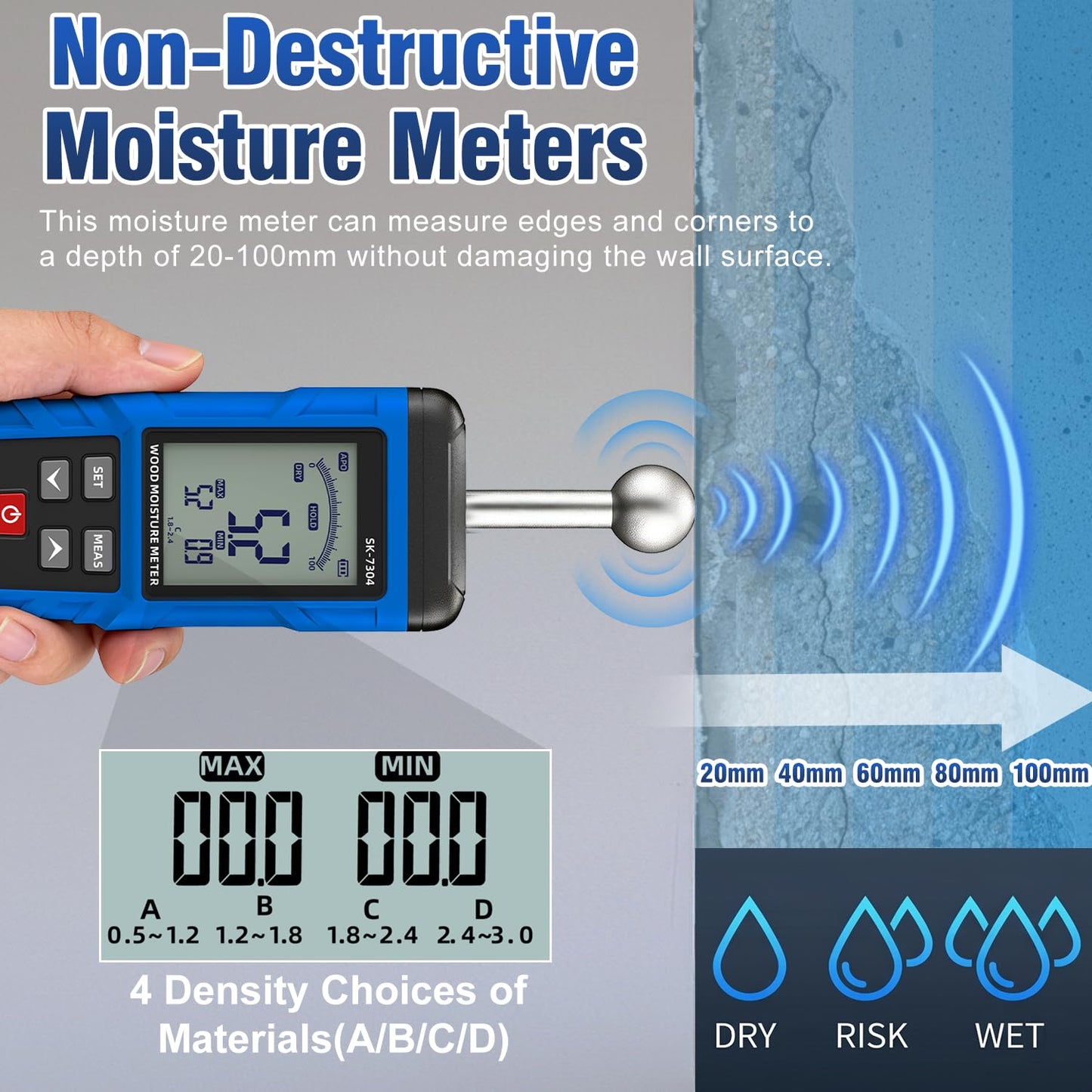 Moisture Meter, Wood Moisture Meter Rechargeable for Drywall Measurement, Pinless Moisture Meter with 20-100mm Measuring Depth for Detecting Humidity Level in Walls, Lumber, Masonry (Blue)