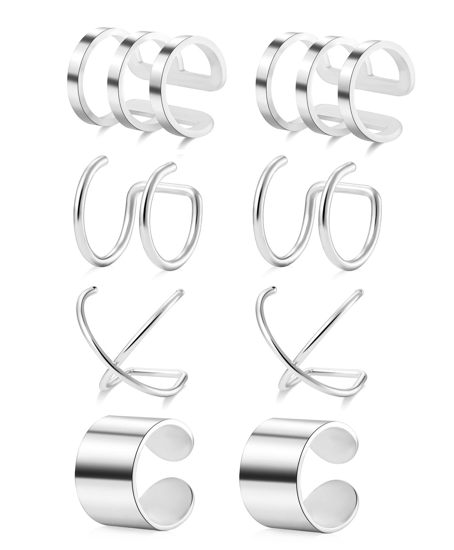 Tornito 4-10 Pairs Stainless Steel Ear Cuff Helix Cartilage Clip On Wrap Earrings Fake Nose Ring Non-Piercing Adjustable (A4: 4 Pairs, Silver Tone)