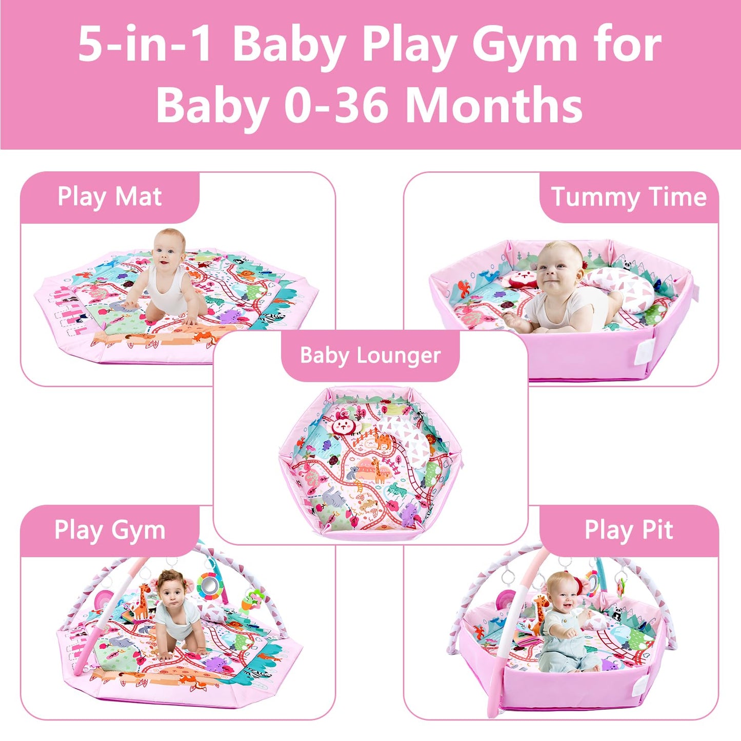 TFDER Baby Gym Play Mat, 8-in-1 Tummy Time Mat & Activity Gym, Washable Ball Pit, Infant Play Mat with Detachable Toys for Sensory Exploration and Motor Skill Development