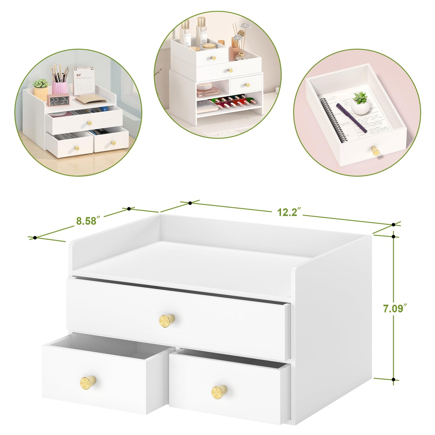 Bamboo Desk Organizer with Drawers Wooden Desktop Storage Drawers for Bills Office Supplies Kitchen Utensils Organizing Tool for Home Classroom Organization No Assembly (White, 3 Drawers)