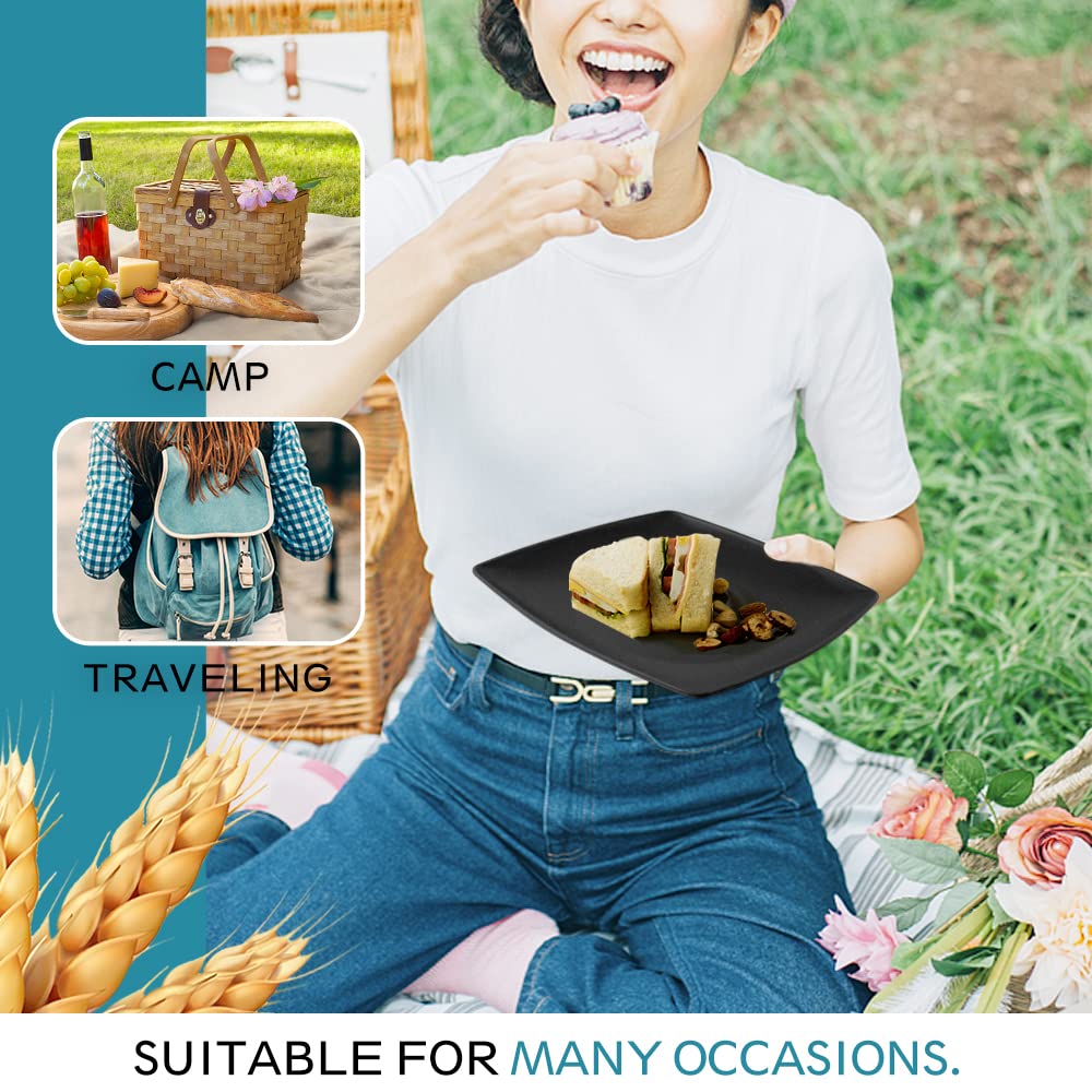 Teivio 16-piece Plastic Wheat Straw Square Dinnerware Set for 4, Unbreakable Dinner Plates, Salad Plates, Snack Bowls, Tumblers 13.5 oz, Dishwasher Safe, Kitchen Outdoor Camping,Black