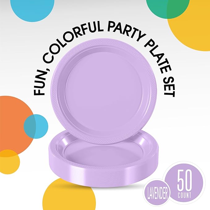 Exquisite Party Solids Lavender Plastic Plates For Party Supplies 10" Lavender Disposable Plates Heavy Duty 50 Pcs Plastic Dinnerware Sets Heavy Duty 350 GSM Disposable Dinnerware Set