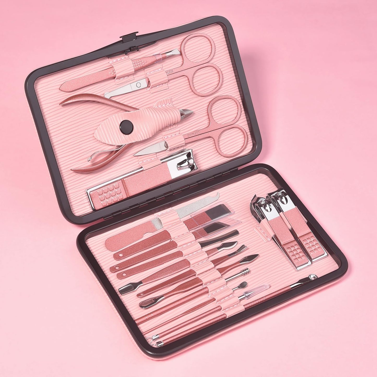 KADS Manicure Set 18 in 1 Professional Pedicure Set Nail scissors Grooming Clipper Kit with Leather Travel Case Pink