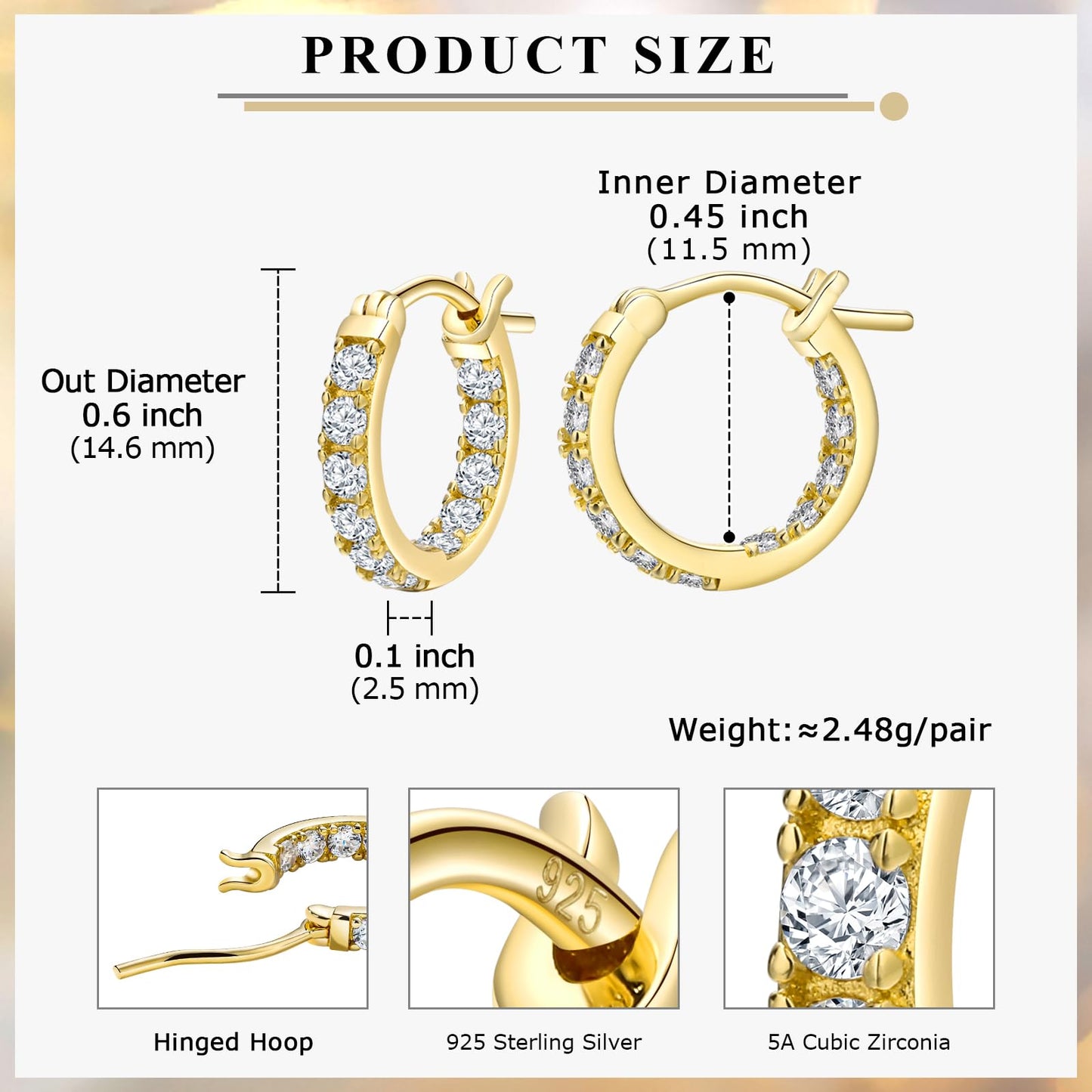 AGRULE 14K Yellow Gold Plated Chunky Huggie Earrings Sparkling Gemstone Sterling Silver Hypoallergenic Lightweight 15mm Diamond Hoop Earrings for Women