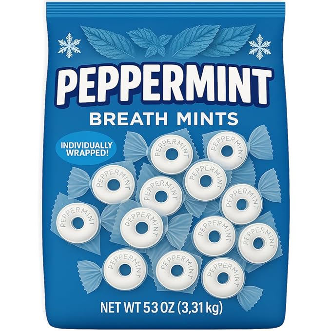 Peppermint Breath Mints Hard Candy 1 Bulk Bag 3 LB - Individually Wrapped, Refreshing Fresh Taste Every Occasion - 53 oz