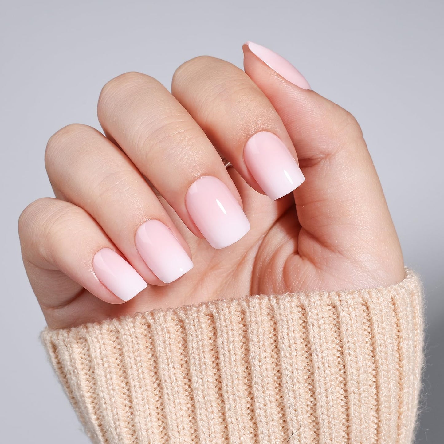 Ombre Press On Nails - Short Square Nude Pink Press on Nails, Glossy Nails Press Ons for Women, Reusable Fake Nails Kit with Glue, 30 Pieces in 15 Sizes