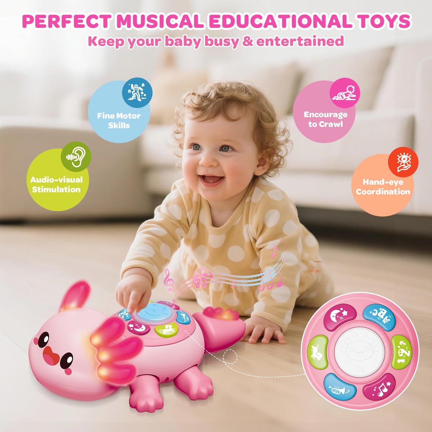 Baby Crawling Toy 6-12 Months, Tummy Time Musical Light-Up Axolotl Toy with Obstacle Avoidance, Interactive Early Educational Learning Toys for Infants 6-9-12 Months, Gift for 1 Year Old Boy Girl