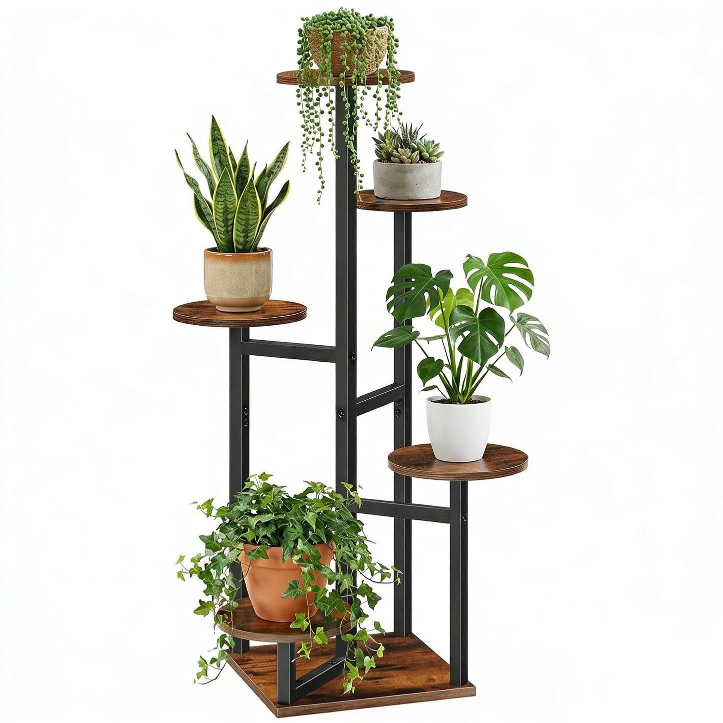 HOOBRO Side Table, Round End Accent Table with Sturdy Metal Frame, 5-Tier Corner Plant Stand Indoor, for Living Room, Bedroom, Balcony, Office BF95BZ01-BF05HJ01