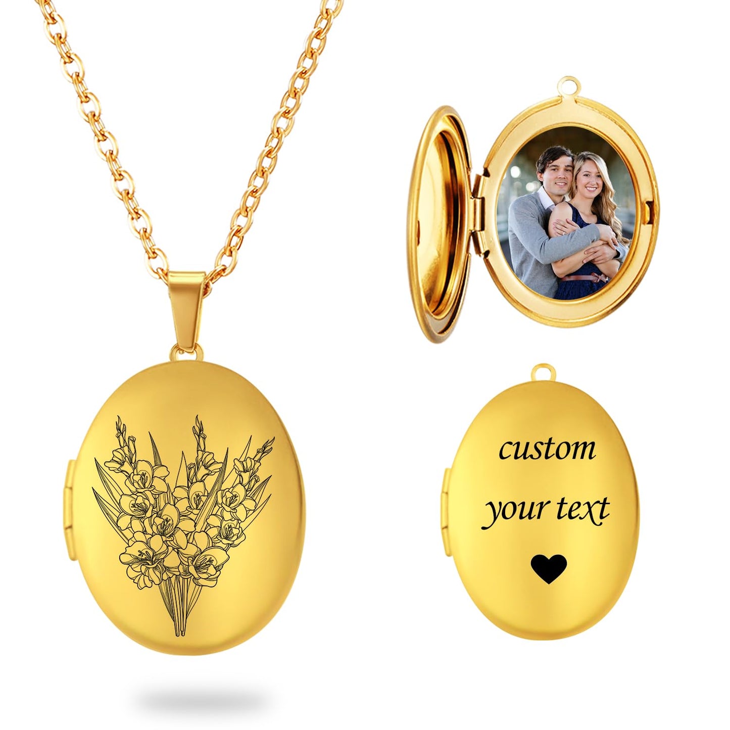 PHOCKSIN Gold Oval Locket Necklace 12 Birth Flowers Personalized Necklace that Holds Pictures Customized Gifts Locket Necklaces for Birthday