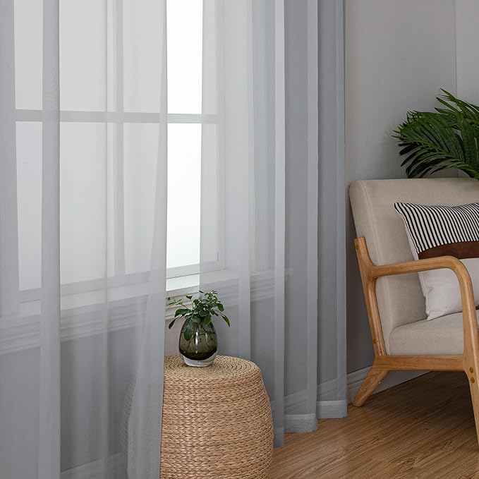 Lecloud Light Grey Sheer Curtains 96 Inches Long 2 Panels, Light Filtering Voile Airy Curtains, Elegant Transparent Solid Window Treatments with Rod Pocket for Living Room Bedroom, Each 42" W x 96" L