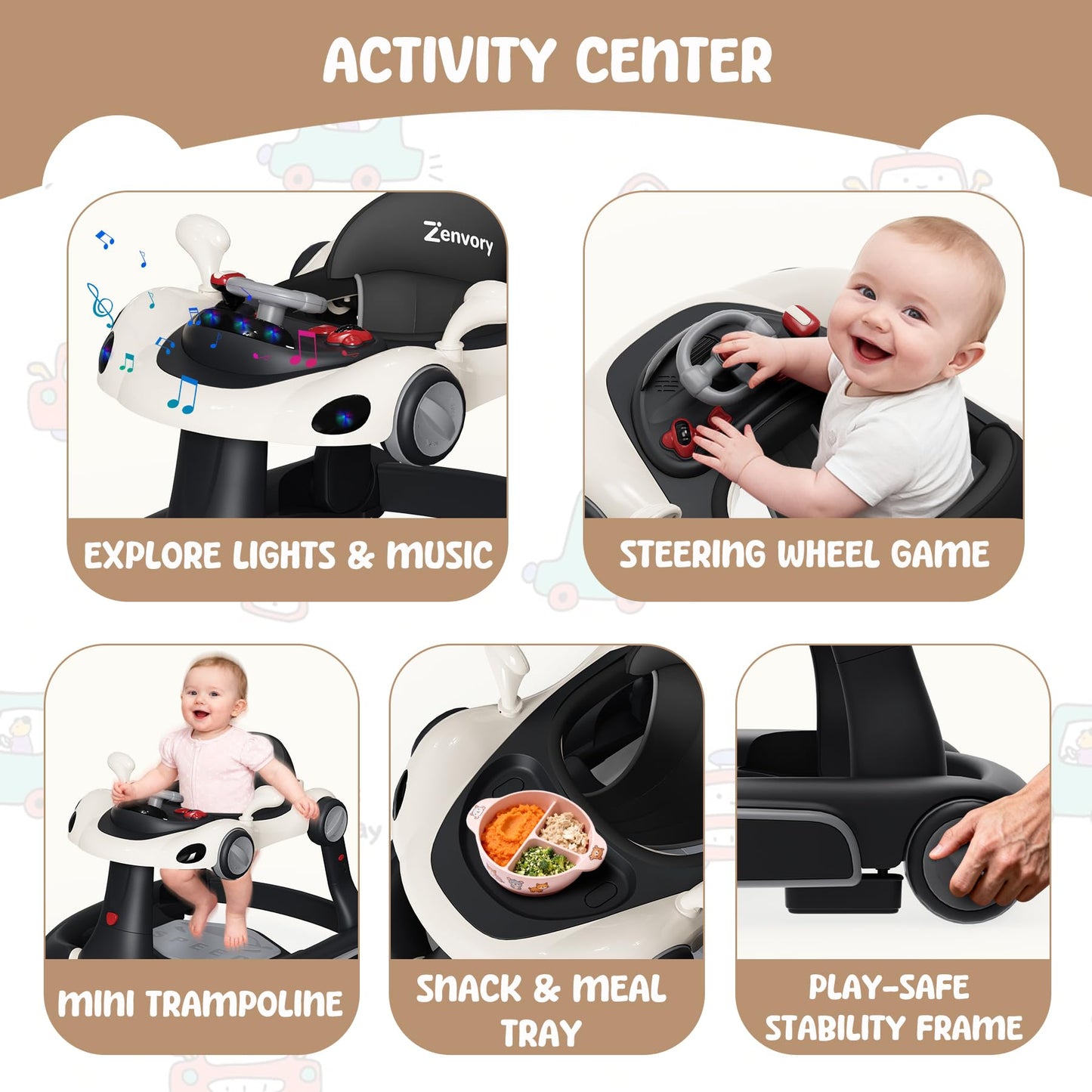 6 in 1 Foldable Baby Walker, Activity Baby Walker-Baby Bouncer, Rocker, Activity Center,Push Walker,Detachable Trampoline Mat, Adjustable Speed Rear Wheels and Height,Music & Lights,Ages 6-18 Months