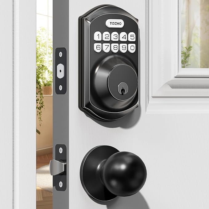 TEEHO TE001K Keyless Entry Door Lock with Handle, Electronic Keypad Deadbolt with 2 Knobs, High-Security Front Door Handle Set for Home & Rental, Smart Auto-Locking, Easy Install, Matte Black
