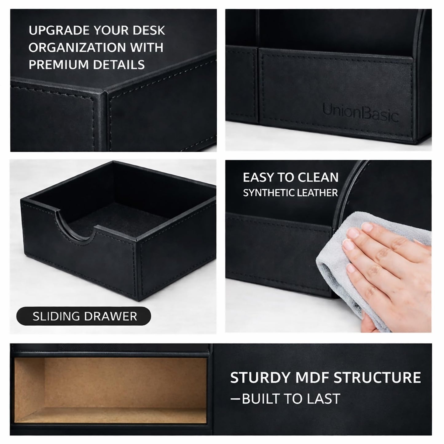 UnionBasic Desk Organizer - Multifunctional Leather Desktop Pen Holder Storage Box - Business Card/Pen/Pencil/Mobile Phone/Stationery Holder, Black