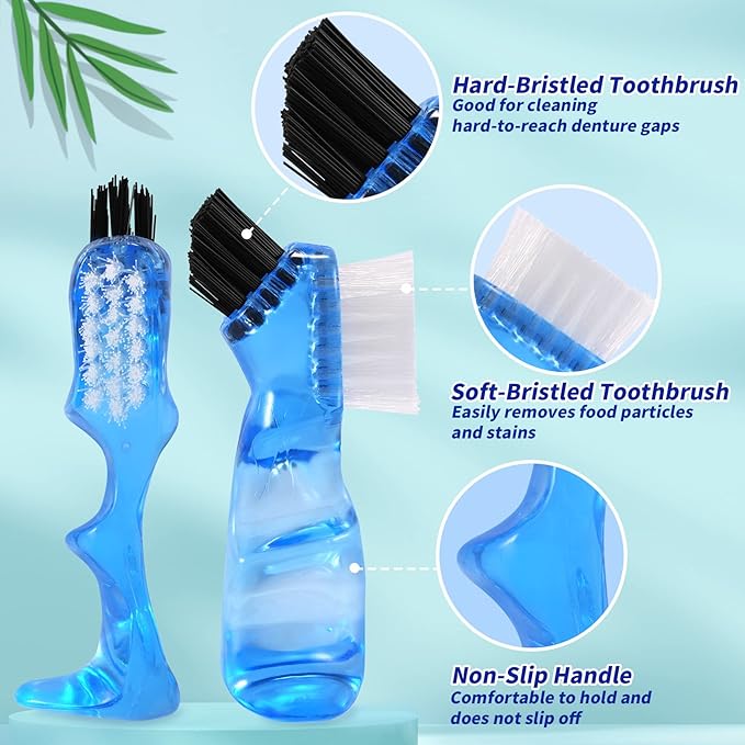 Annhua Denture Cup Bath Box Case with Mirror and Cleaning Brush, Denture Container with Brush Retainer Cleaning Case Mouth Guard Storage Soaking Cup Holder for Travel, Office, Household Use