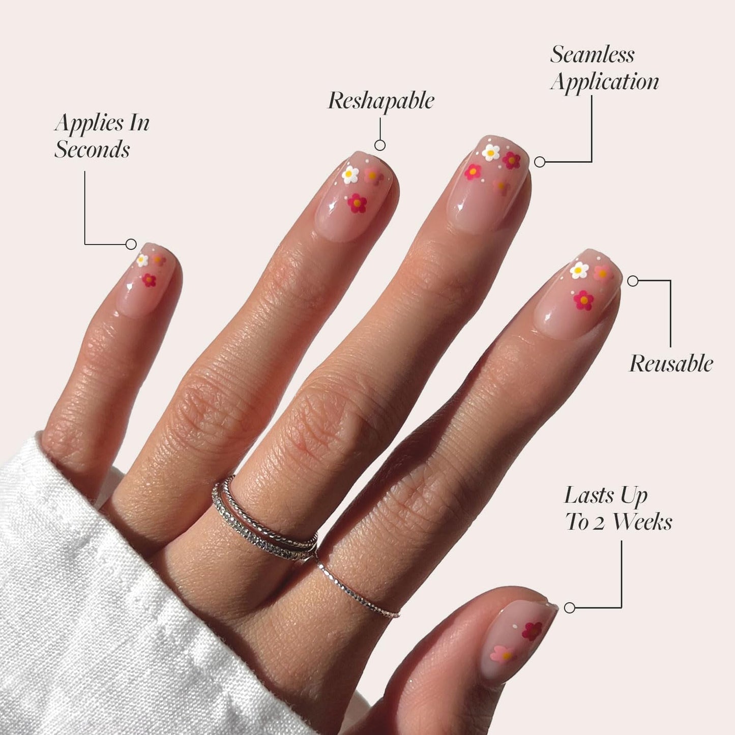 Glamnetic Press On Nails - Pretty Bloom Spring Nails | Glossy, Semi-Transparent Short Squoval Fake Nails with Flower Accents, Salon Quality | 15 Sizes - 30 Nail Kit with Glue