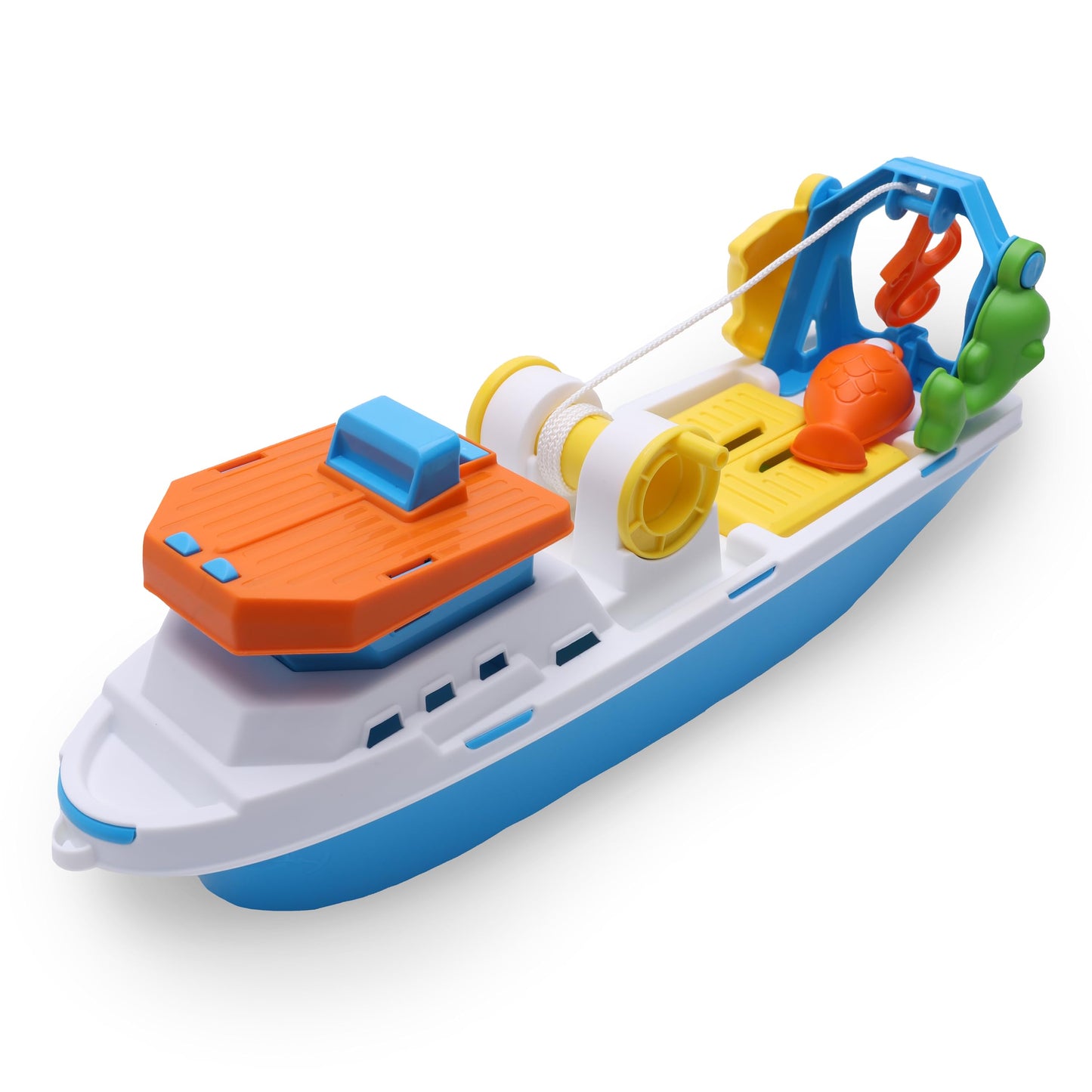 Toyland® 40cm (16") Colourful Fishing Boat with Moveable Doors, Fishing Hook & 4 Plastic Fish - Kids Floating Water Toy - Pool & Bathtime Toys - 3 Years+