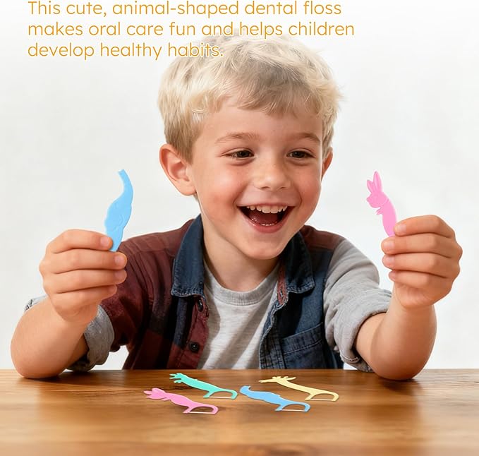 Kids Floss Individually Wrapped Kids Dental Floss Picks 4 Cute Animal Shapes Fun Flossers Helps Prevent Tooth Decay & Gum Diseas for Family, Travel, and picnics 4 Colors (100)