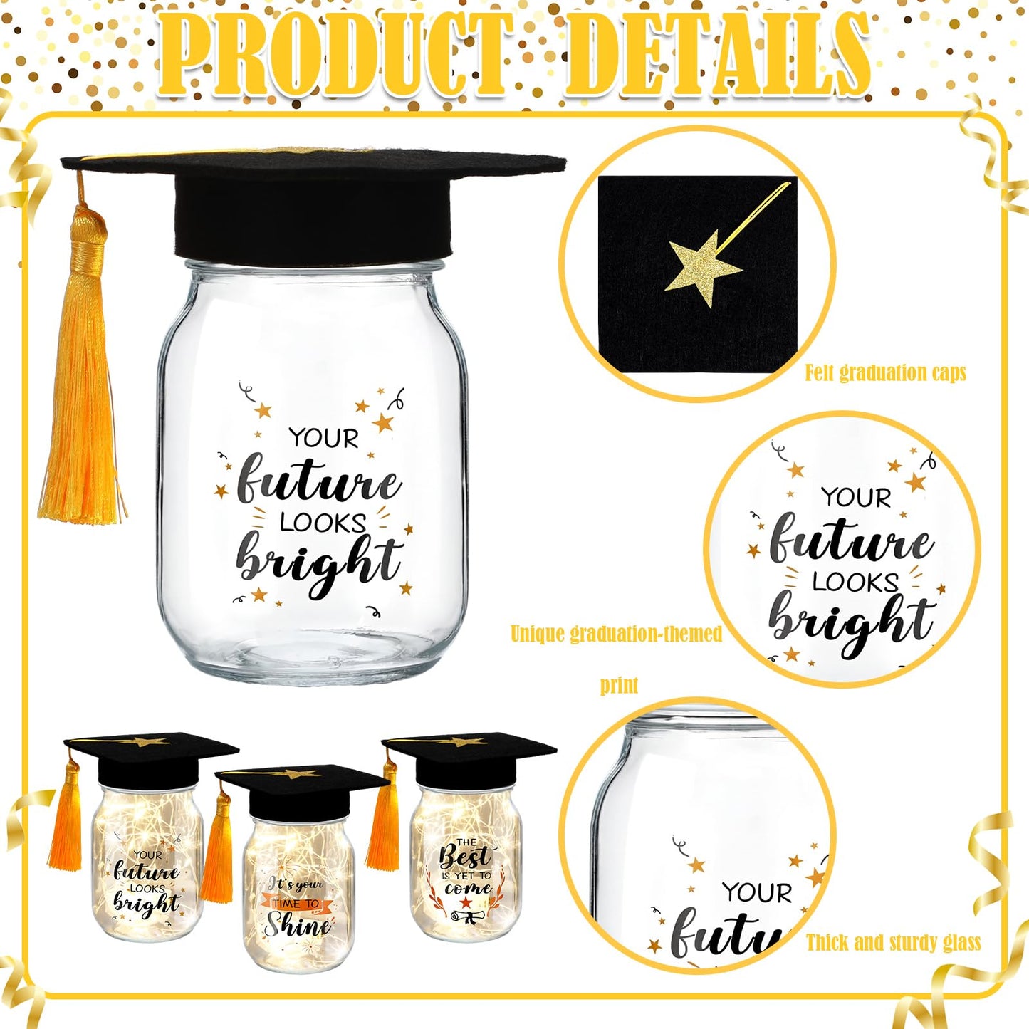 Hushee 6 Set Graduation Mason Jar for Table Centerpieces, Decorative Mason Jar with LED Light and Graduation Caps, Class of 2026 Gifts bulk for High School College Congrats Party Decor