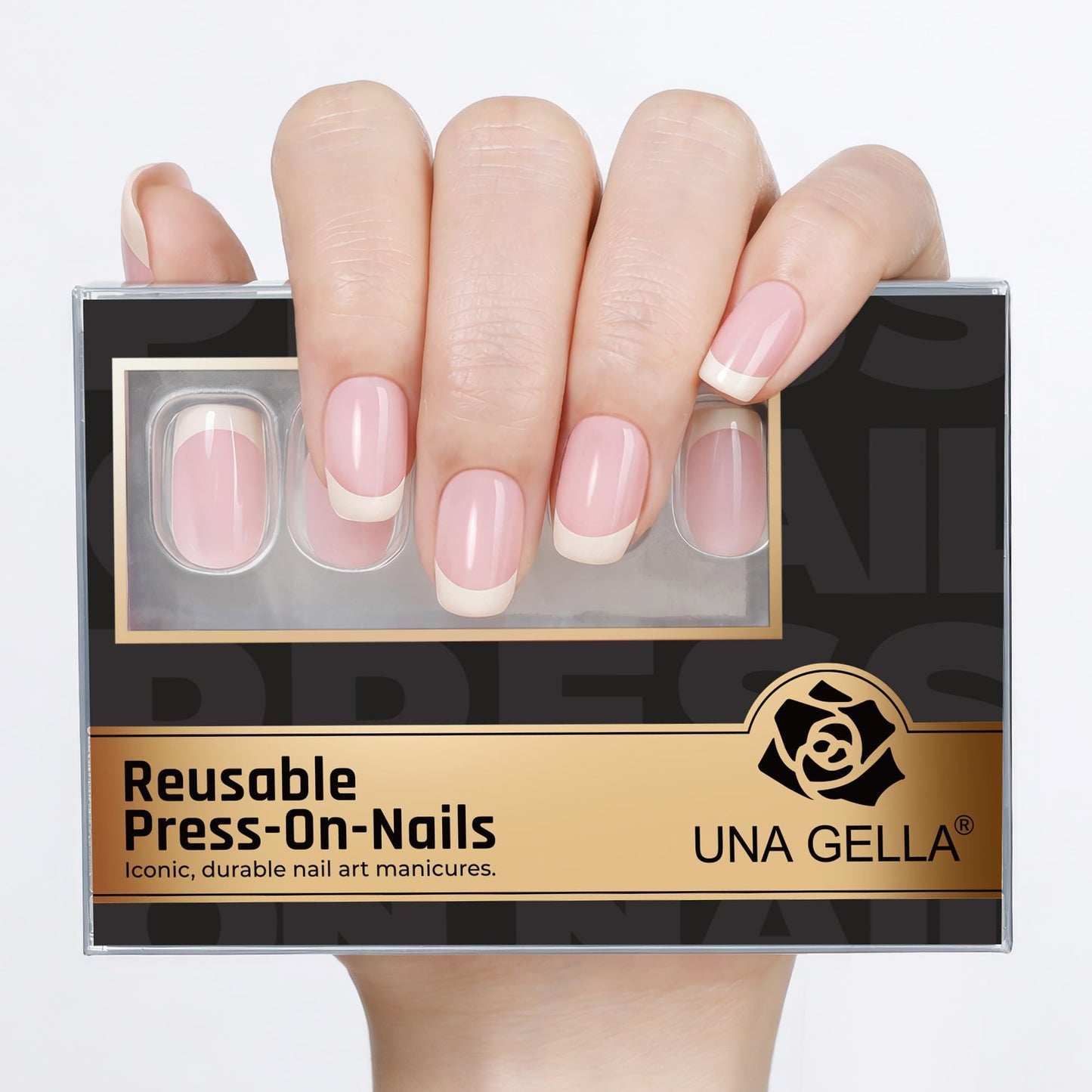 UNA GELLA 32Pcs Soft Gel Press on Nails - 16 Sizes French Tip Short Square Glue on Nails, Reusable Nude Beige False Nails, Full Cover Acrylic Nail Kit for Women DIY Home Manicure