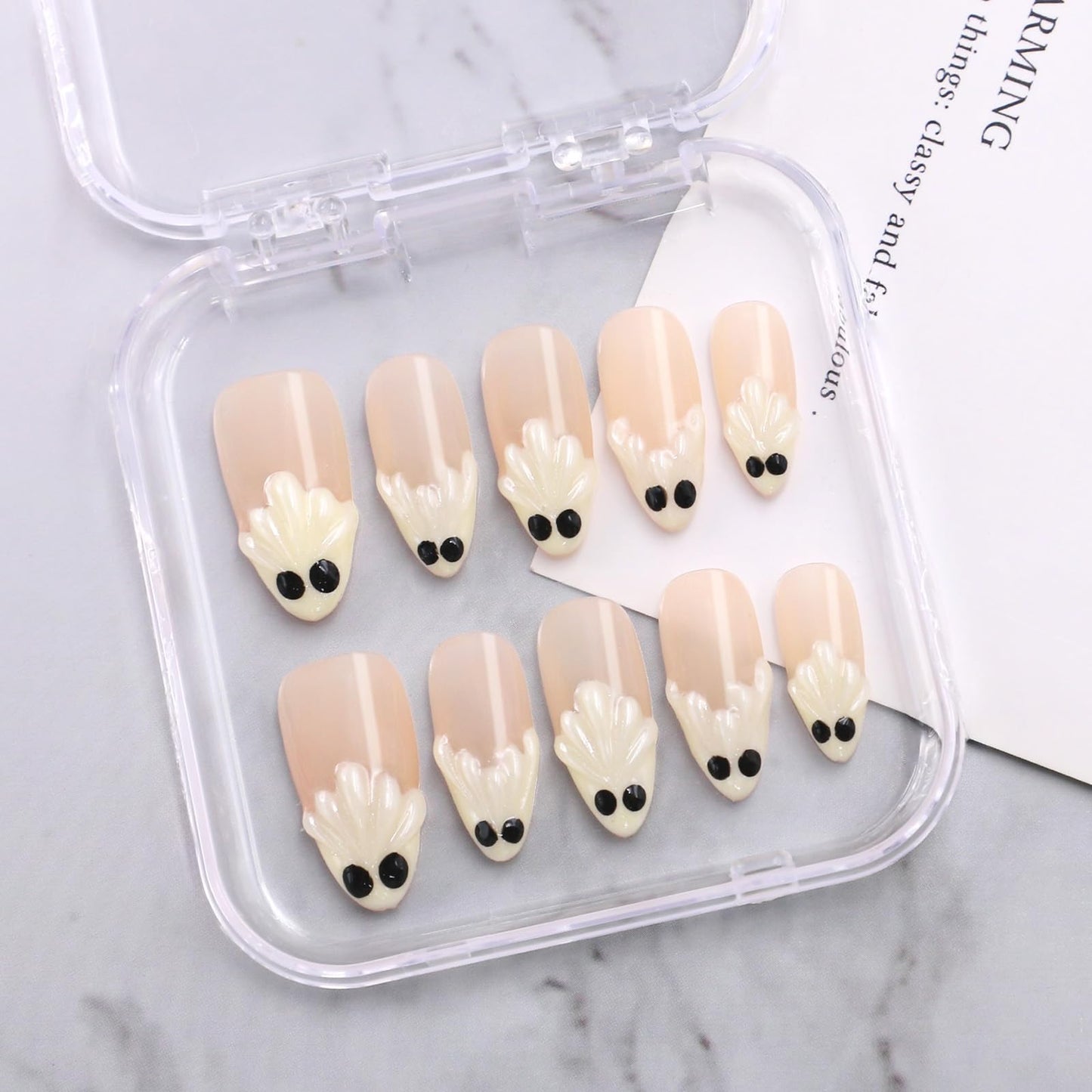 Halloween Press on Nails Handmade White Little Ghost French Tip Fake Nails with Designs Medium Almond False Nails Cute Spooky Halloween Thicked Stick on Nails for Women Holiday Nail DIY Decor (Size M)