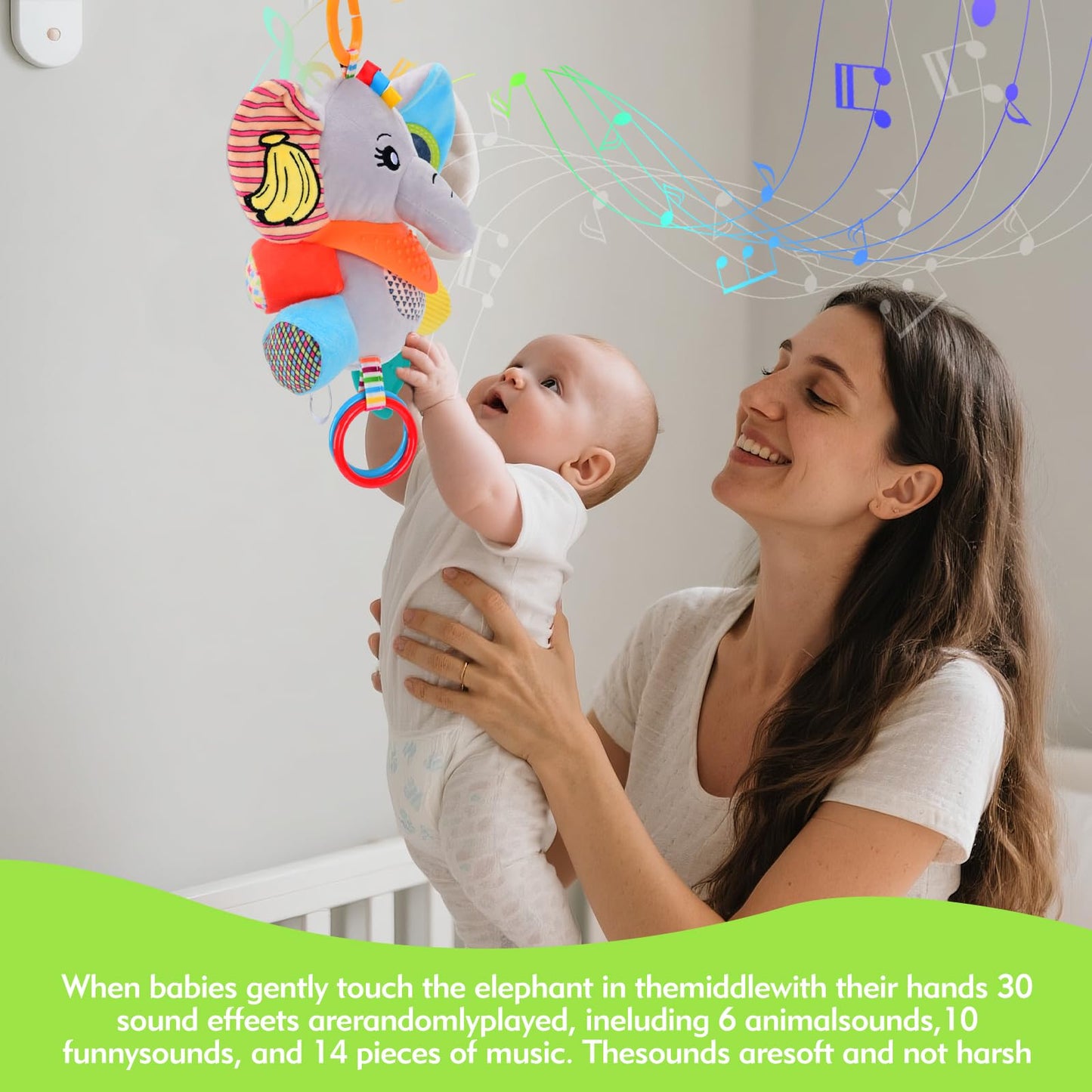 Baby Toys 0-12 Months Elephant with Detachable Touch-Sensitive Sound Box, 30 Sounds, Removable Bib, Teether, Rattle, BB Squeaker, Mirror for Strollers, Car Seats, Carriers