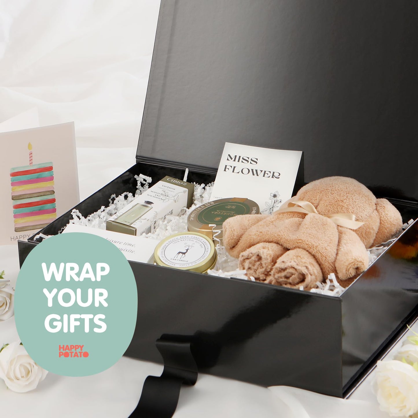 HAPPY POTATO Large Gift Box with Lid and Ribbon, Groomsman Proposal Box, Magnetic Gift Box for presents (Glossy Black,pack of 5,13.5x9x4.1 Inches)