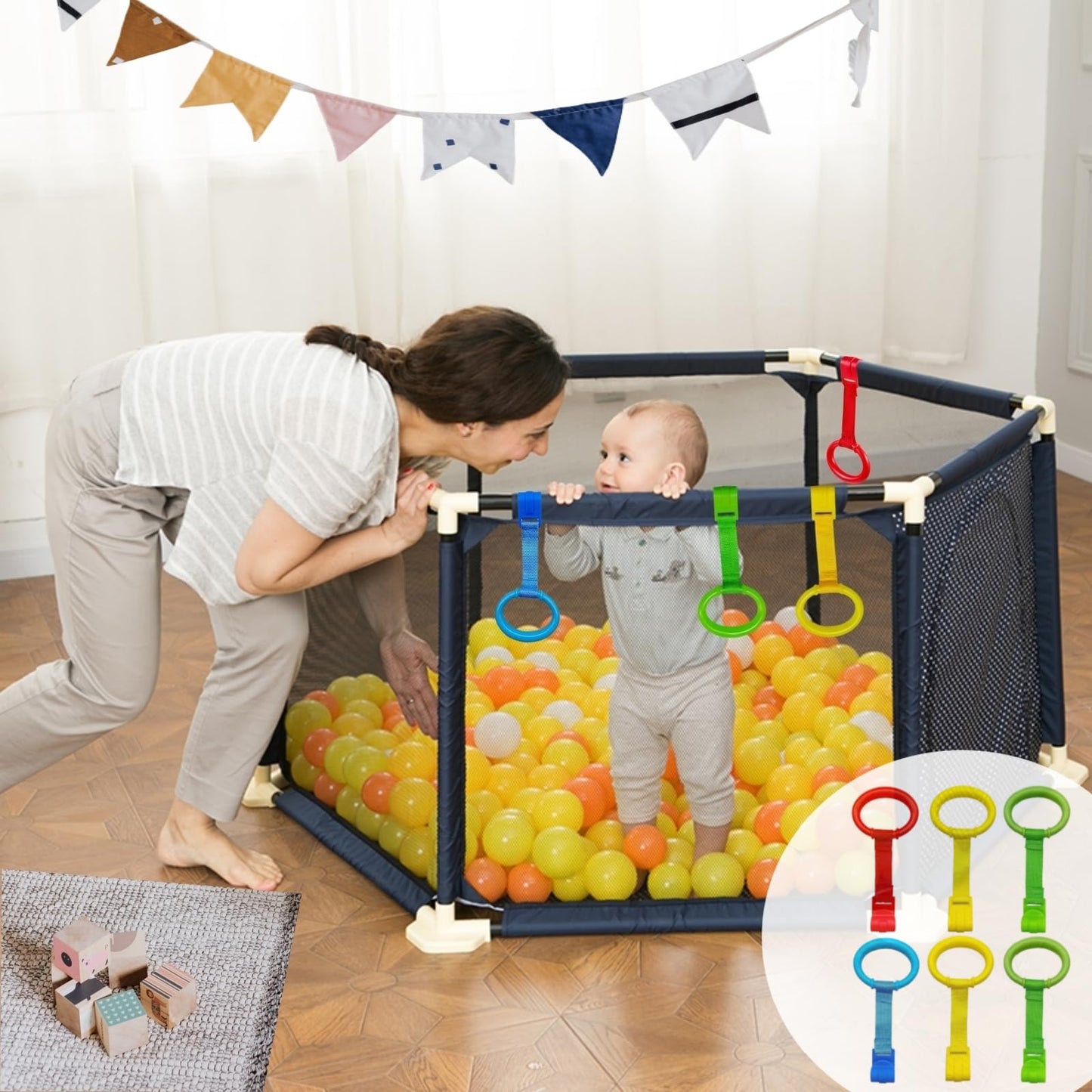 6PCS 4 Colors Baby Playpen Pull up Rings-Plastic Crib Pull Rings Walking Exercises Assistant Stand Up Cot Hanging Ring for Infant Baby Toddler