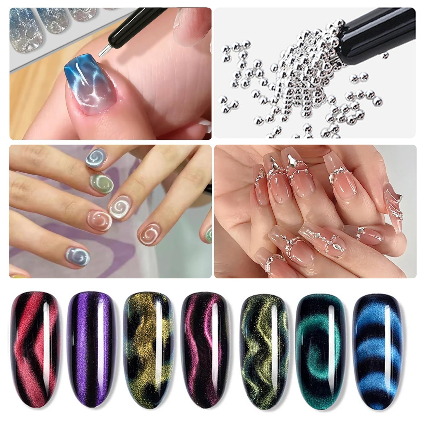 WOKOTO 4 PC Cat Eye Magnets With 6 Pcs Iron Stencils For Nails, Cylinder Nail Magnets With Magnet Ball, Short Cylinder, Point & Flower Nail Polish Magnet For Nails, Heart & Bunny Stencils Magnet Tools