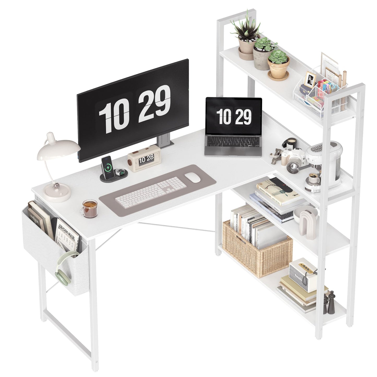 Treesland 47 Inch Computer Desk with Bookshelf, Corner Desk with Storage, L Shaped Desk, Home Office Desks, Writing Study Desk for Bedroom, White