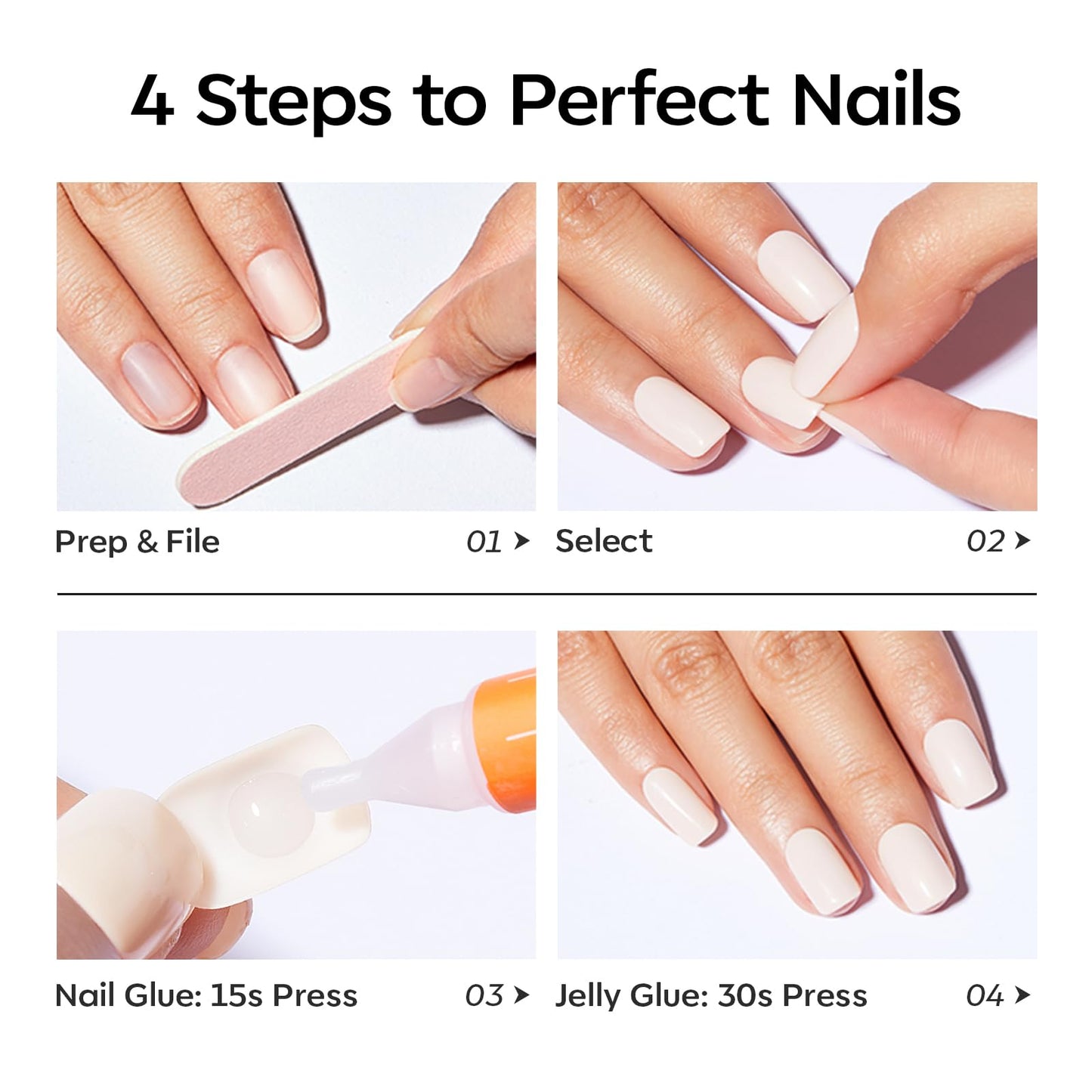 Modelones Extra Short Press on Nails, Milky White Squoval Fake Nails, Reusable Nail Kit with Nail Glue Adhesive Tabs Mini Nail File, Nails Press Ons 32Pcs 16 Sizes, Spring Women Girl Gift