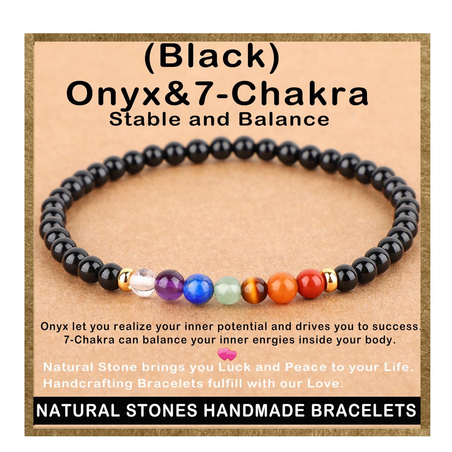 AD Beads Handmade Gemstone Stretch Elastic Bracelet Crystal Healing Reiki Nature's Beauty and Spiritual Essence Unisex (4mm, Onyx & 7-Chakra (Stable and Balance))