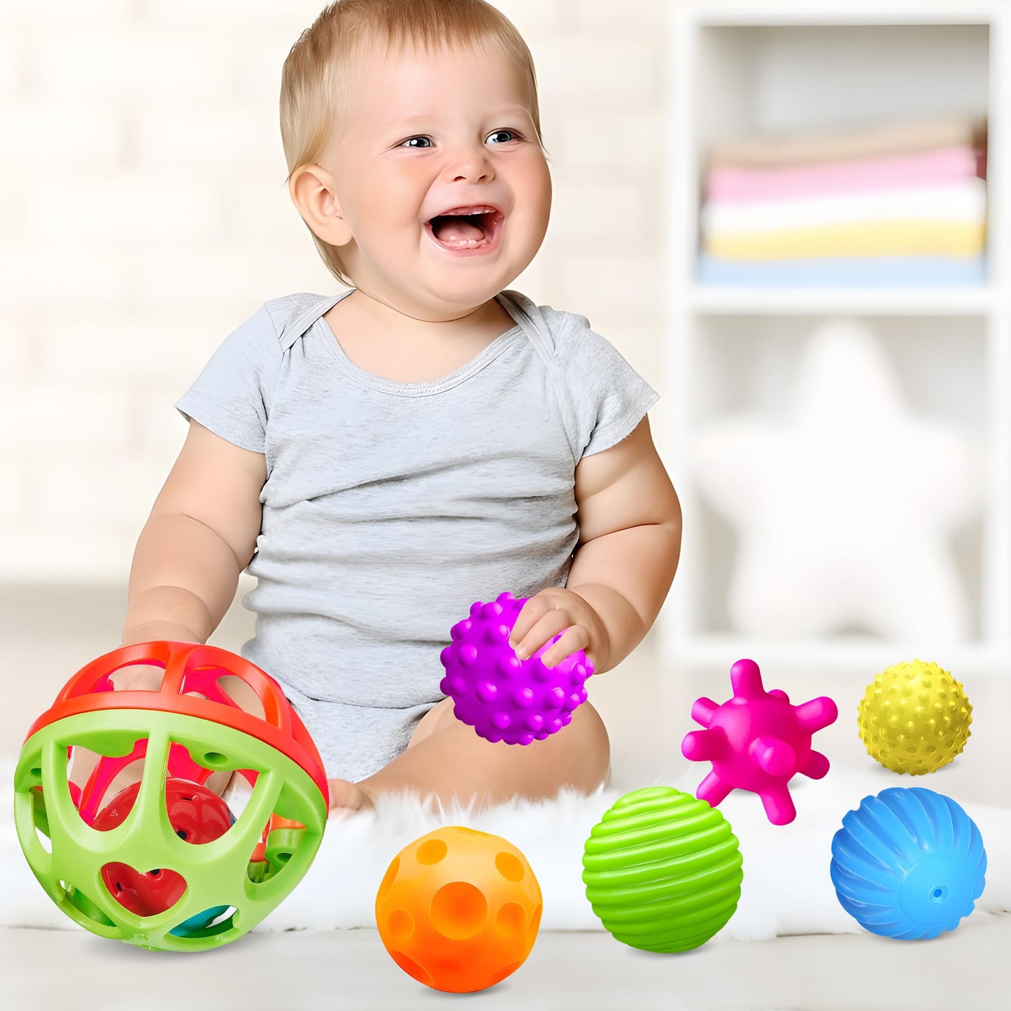 Montessori Toys Bundle – Sensory Balls for Toddlers & Silicone Blocks 24PCS, Multiple Textures Hand Catching Baby Balls, Baby Rattle 3-6 Months, Stacking Soft Blocks for Babies 1-3, Educational Play