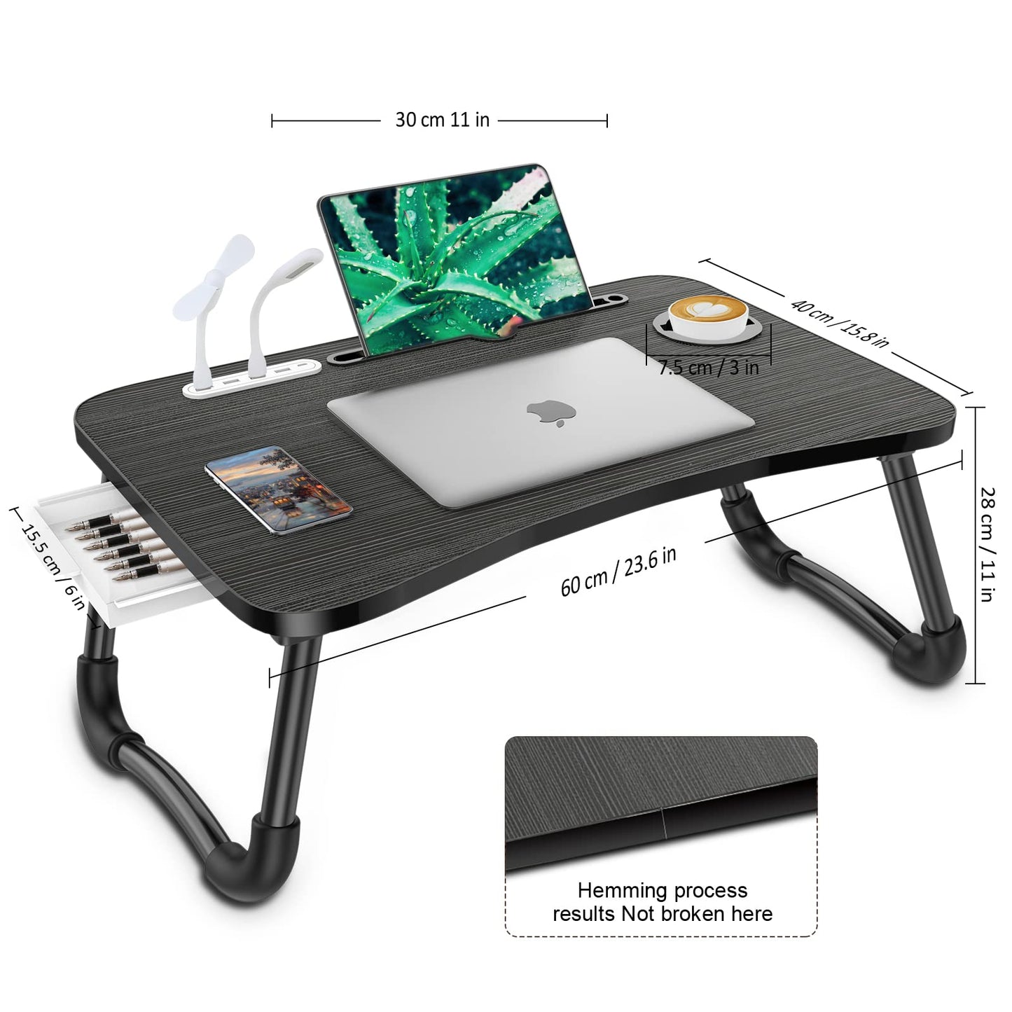 Zapuno Laptop Lap Desk, Foldable Laptop Table Tray with 4 USB Ports Storage Drawer and Cup Holder, Lap Bed Desk Notebook Stand Laptray Portable Standing Table for Bed Couch Floor