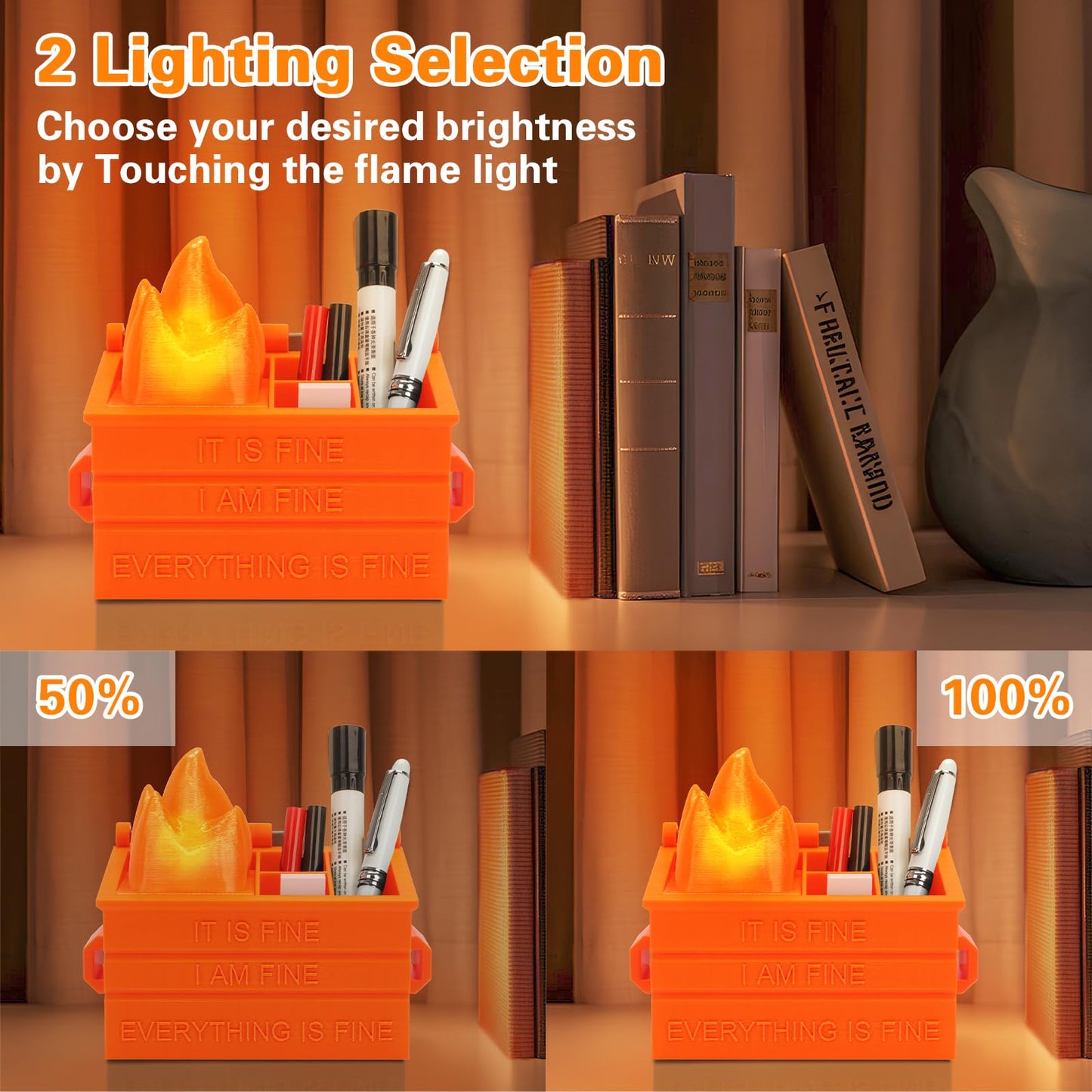 Dalycro Dumpster Fire Pencil Holder Fun Desk Accessories with Removable Flame Light Touch Dimming Mode & USB Charging Port Perfect Pen Holder for Desk, Funny Gift for Coworkers