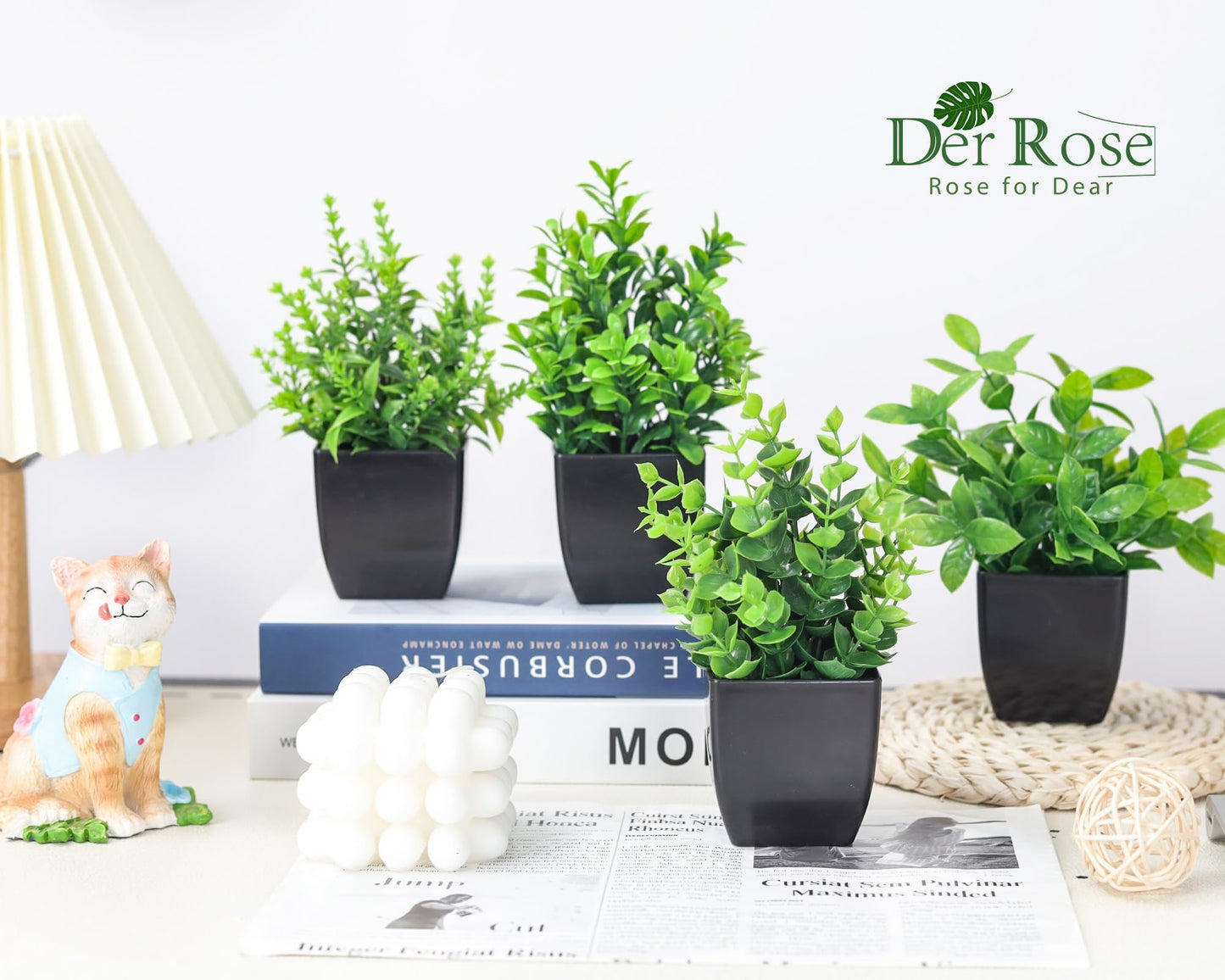 Der Rose Set of 4 Pack Small Fake Plants Mini Artificial Faux Plants Indoor for Bathroom Farmhouse Room Table Decor