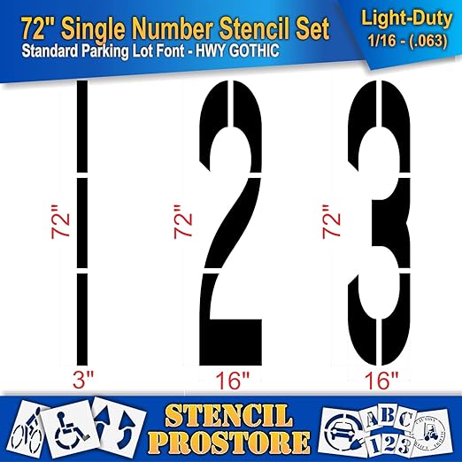 Pavement Stencils - 72 inch Number Stencil Set (10 Pieces) - 0-9 - 72" x 16" x 1/16" (63 mil) - Light-Duty