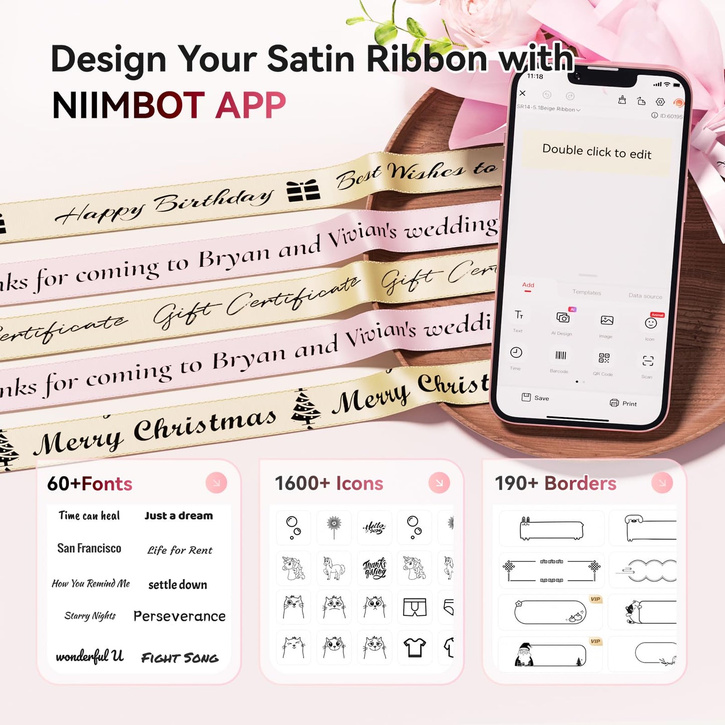 NIIMBOT N1 Satin Ribbon Label, 14mmx5.1m Pink Satin Ribbon, N1 Label Printer Ribbon for Gift, Wedding, Party Decor, Craft Work (Beige)